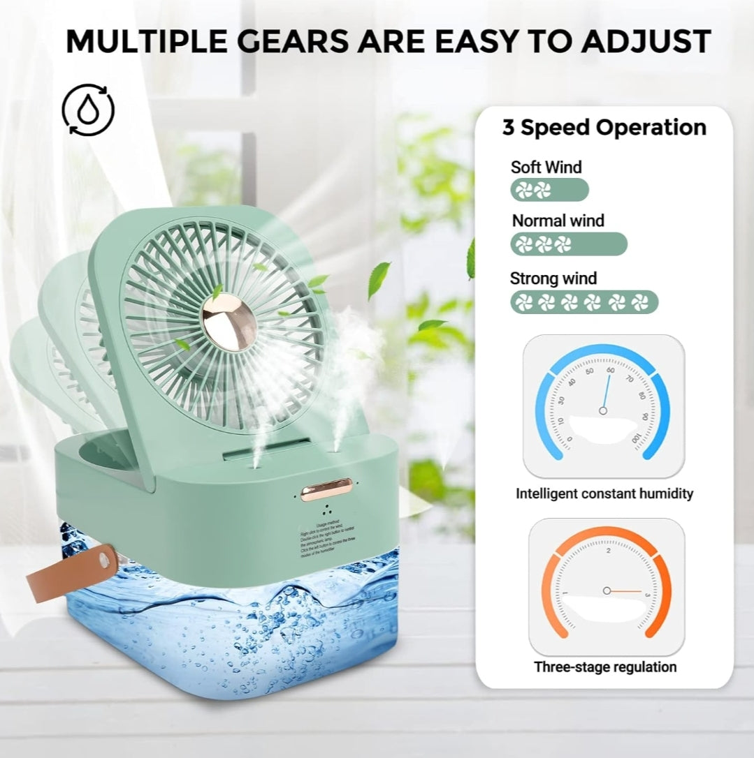 Mini Fan with Cool Mist, Portable Air Cooler, USB Table Fan, Desk Fan with 3 Wind Modes and Brightness Adjustment, Table Fan for Home, Office