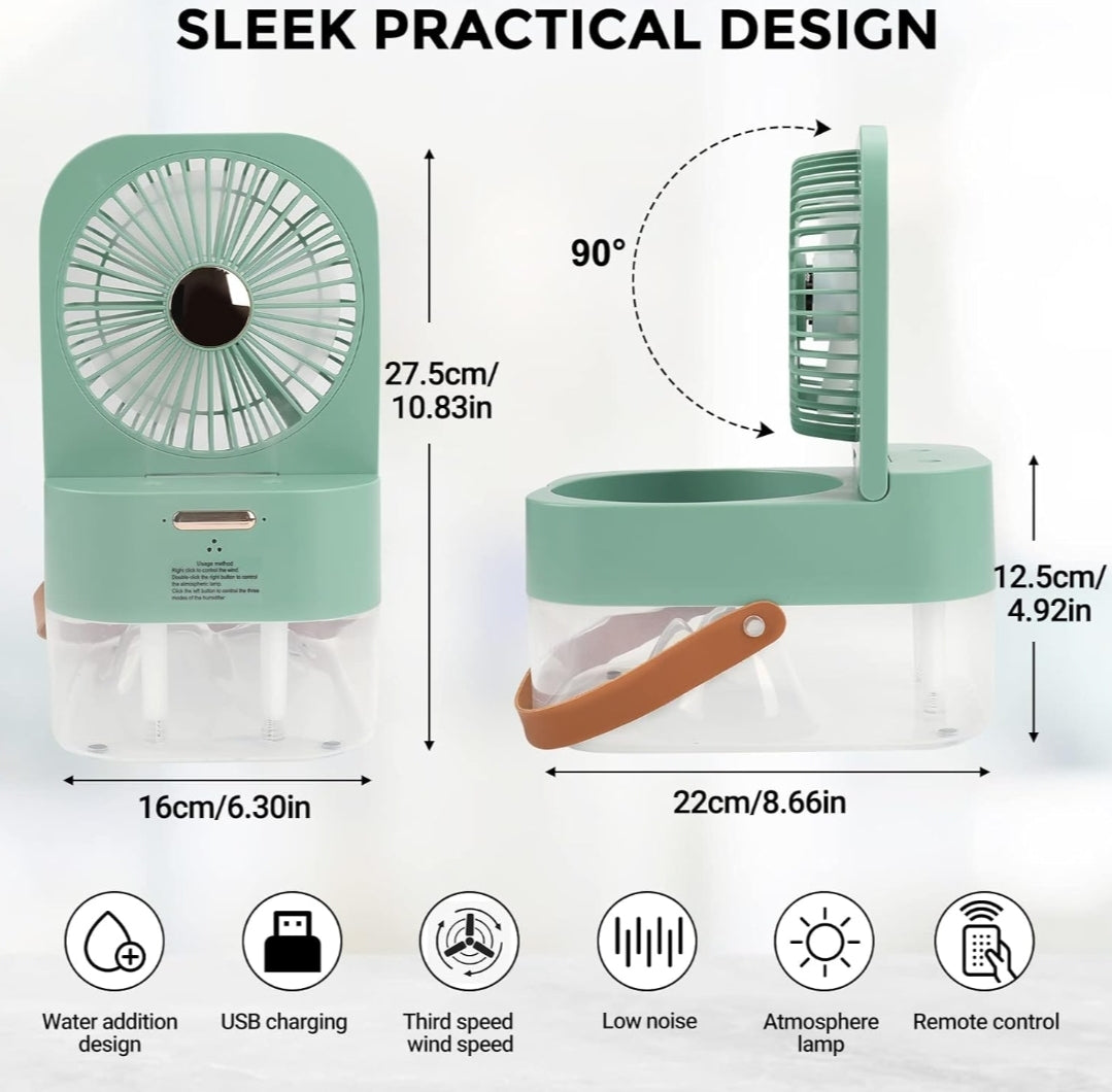 Mini Fan with Cool Mist, Portable Air Cooler, USB Table Fan, Desk Fan with 3 Wind Modes and Brightness Adjustment, Table Fan for Home, Office