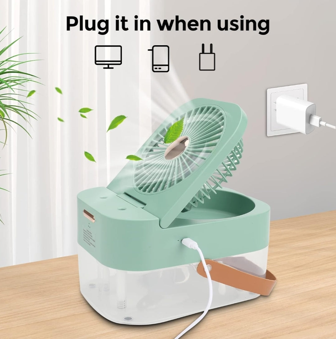 Mini Fan with Cool Mist, Portable Air Cooler, USB Table Fan, Desk Fan with 3 Wind Modes and Brightness Adjustment, Table Fan for Home, Office