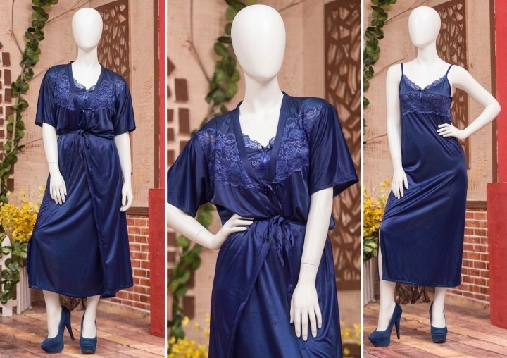 2 Pcs Luxury Satin & Lace Robe Nighty Set – Sensual Silk Gown for Women SKU R-003 (Color Black Free Size)