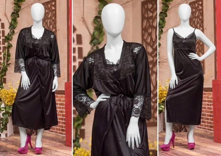 2 Pcs Luxury Satin & Lace Robe Nighty Set – Sensual Silk Gown for Women SKU R-003 (Color Black Free Size)